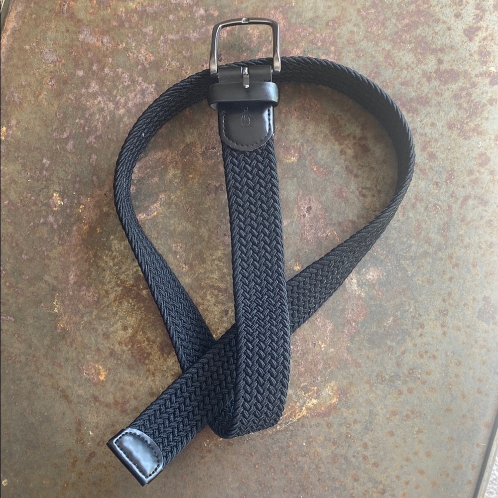 Original Penguin Black Woven Belt w/Silver Buckle HN86103 GenuineLeather S 30-32